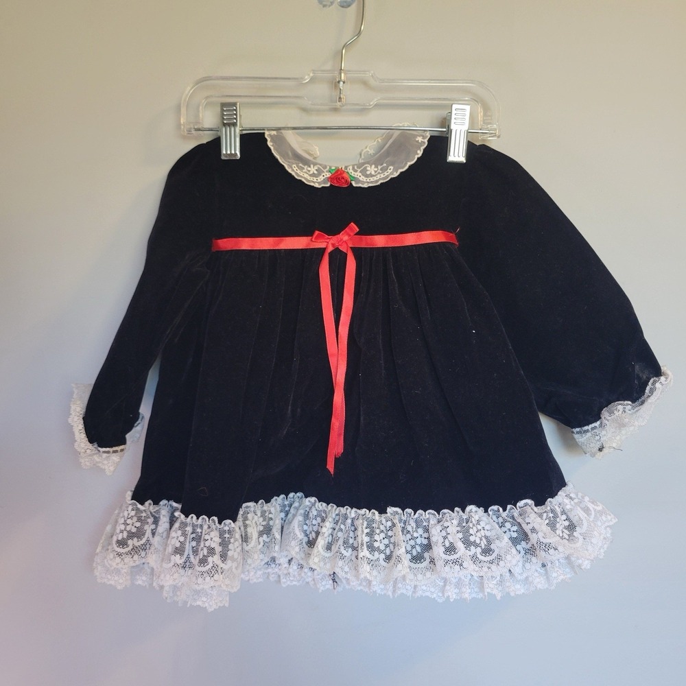 Jo Lene Dress Baby 24/XL Black Velvet Ribbon Lace Trim Long Sleeve Vintage